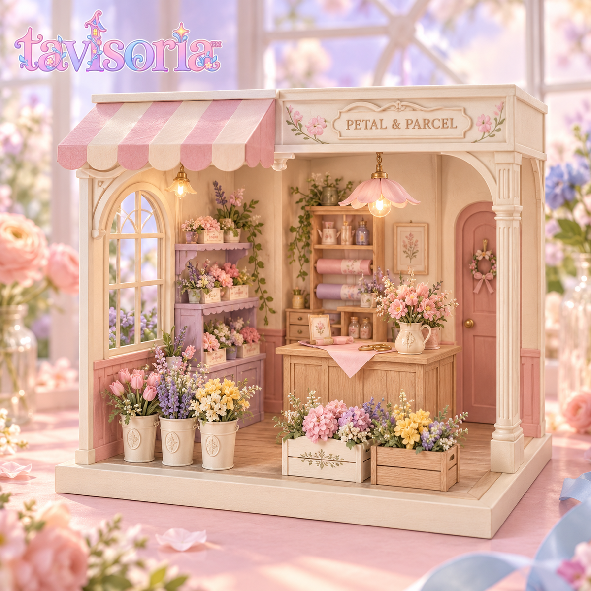 tavlsoria™ Petal & Parcel Flower Shop DIY Miniature House Kit for Adults, Wooden Diorama with LED Light and Shelf Decor
