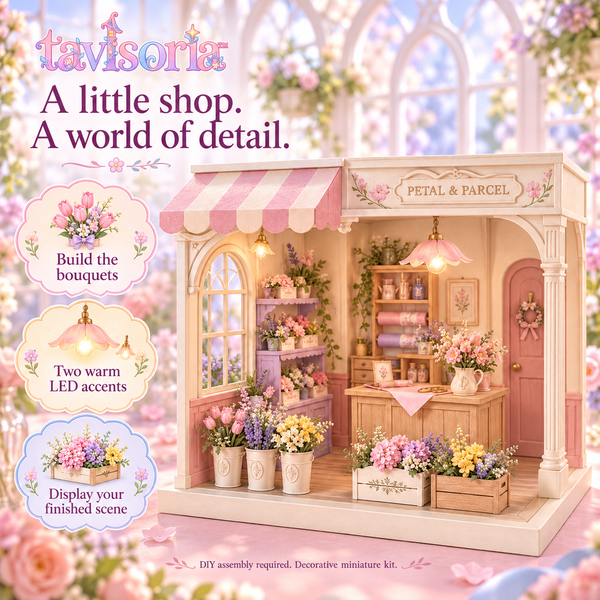 tavlsoria™ Petal & Parcel Flower Shop DIY Miniature House Kit for Adults, Wooden Diorama with LED Light and Shelf Decor