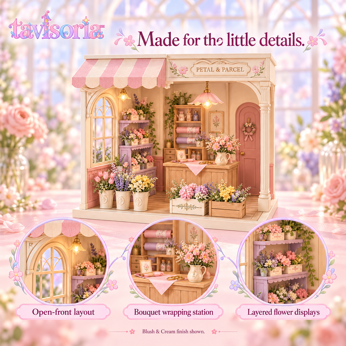 tavlsoria™ Petal & Parcel Flower Shop DIY Miniature House Kit for Adults, Wooden Diorama with LED Light and Shelf Decor