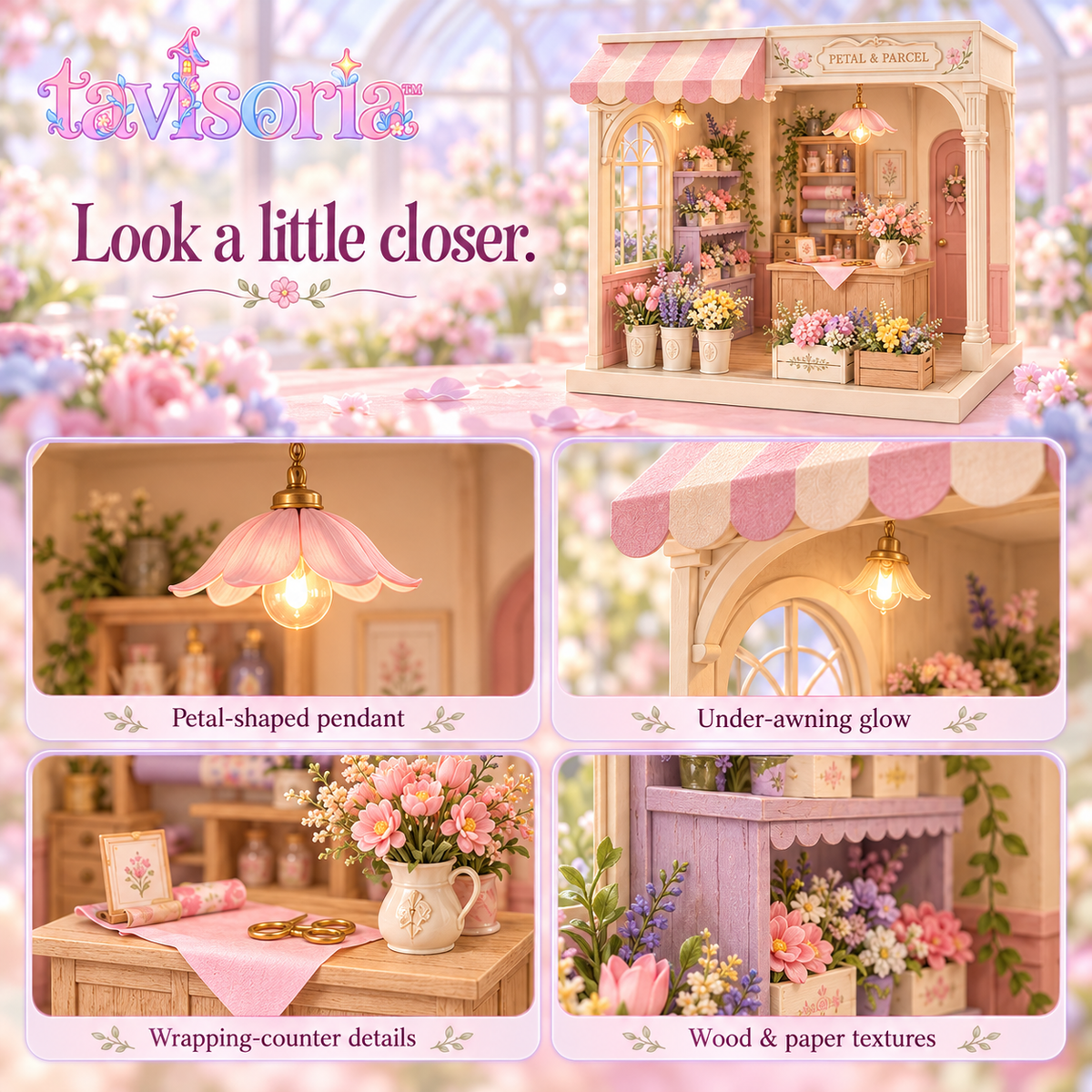 tavlsoria™ Petal & Parcel Flower Shop DIY Miniature House Kit for Adults, Wooden Diorama with LED Light and Shelf Decor
