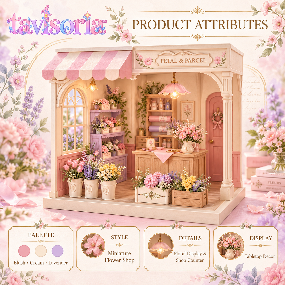 tavlsoria™ Petal & Parcel Flower Shop DIY Miniature House Kit for Adults, Wooden Diorama with LED Light and Shelf Decor