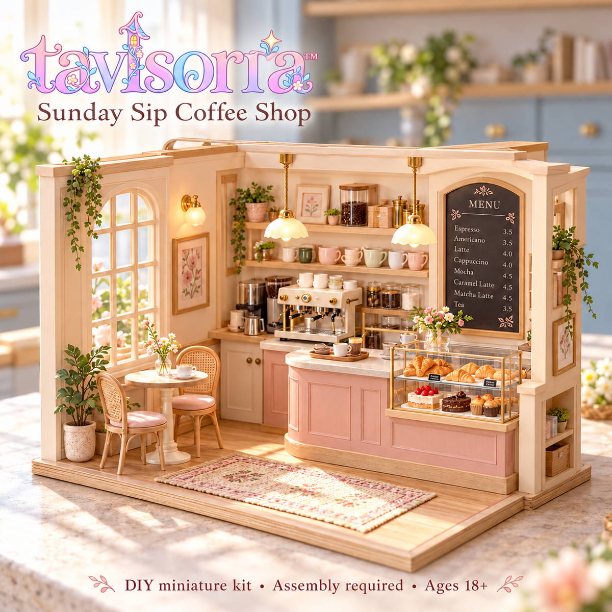 tavlsoria™ Sunday Sip Coffee Shop DIY Miniature Kit for Adults, LED Wooden Cafe Diorama, Mini Furniture and Desktop Decor
