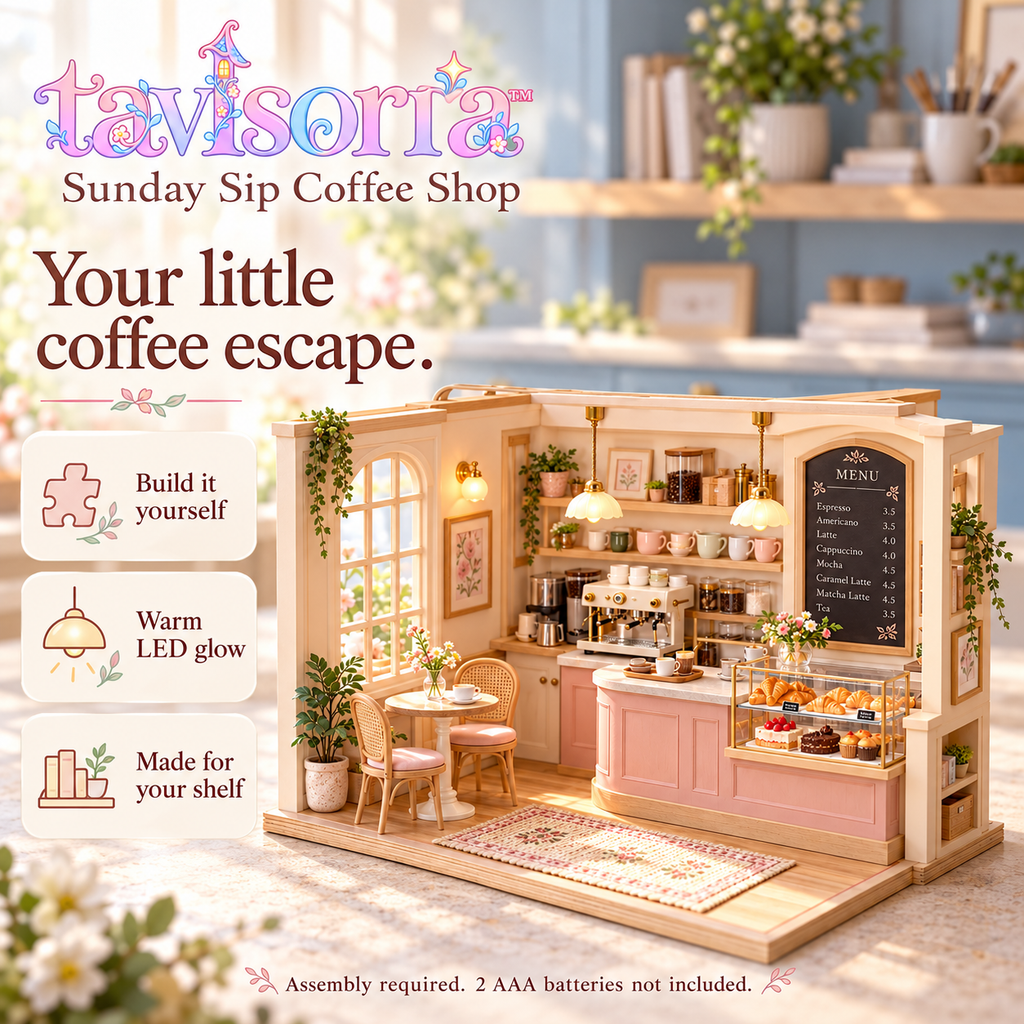 tavlsoria™ Sunday Sip Coffee Shop DIY Miniature Kit for Adults, LED Wooden Cafe Diorama, Mini Furniture and Desktop Decor