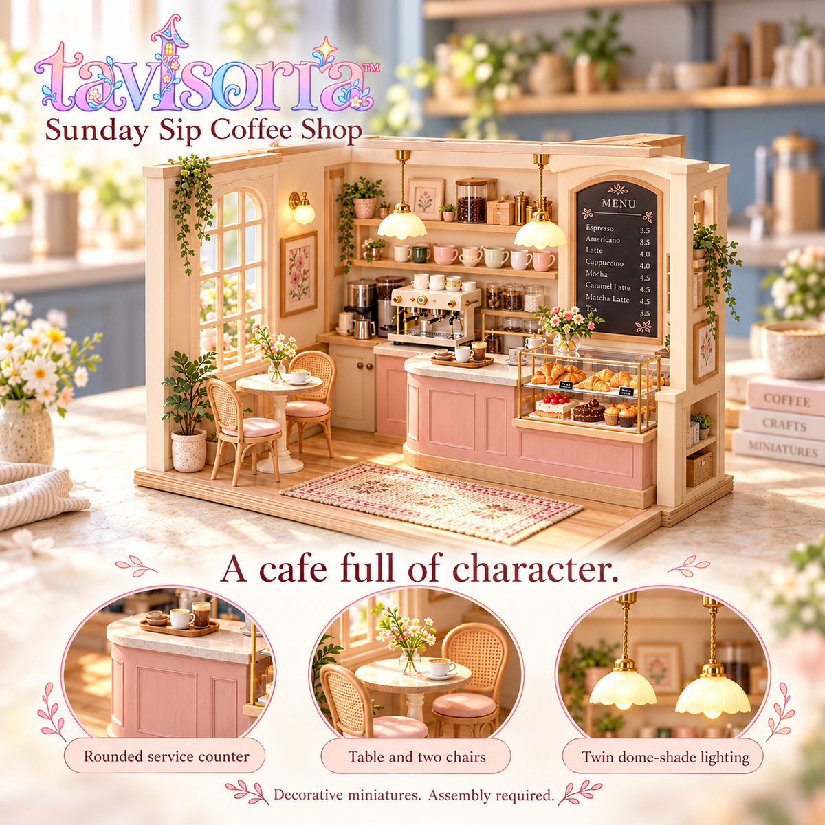 tavlsoria™ Sunday Sip Coffee Shop DIY Miniature Kit for Adults, LED Wooden Cafe Diorama, Mini Furniture and Desktop Decor