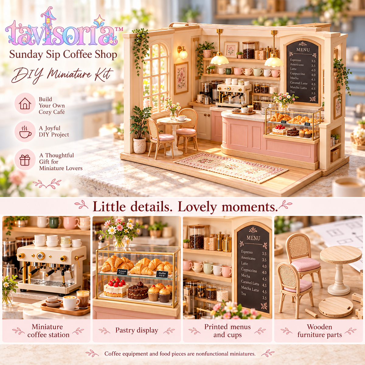 tavlsoria™ Sunday Sip Coffee Shop DIY Miniature Kit for Adults, LED Wooden Cafe Diorama, Mini Furniture and Desktop Decor