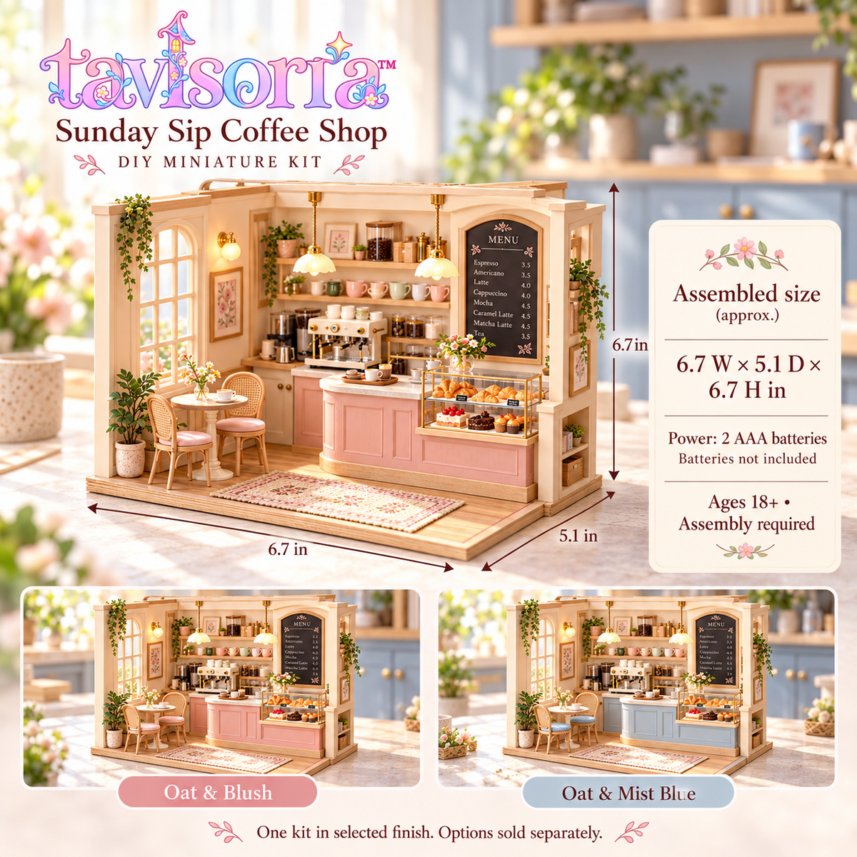 tavlsoria™ Sunday Sip Coffee Shop DIY Miniature Kit for Adults, LED Wooden Cafe Diorama, Mini Furniture and Desktop Decor