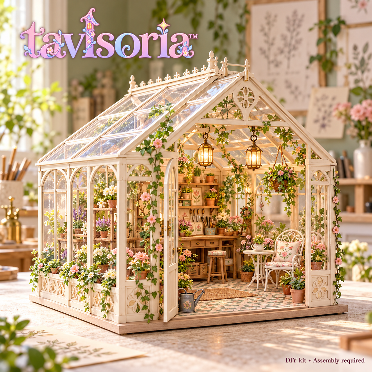 tavlsoria™ Sunlace Conservatory DIY Miniature Greenhouse Kit for Adults, Clear-Panel Garden Diorama with LED Lanterns