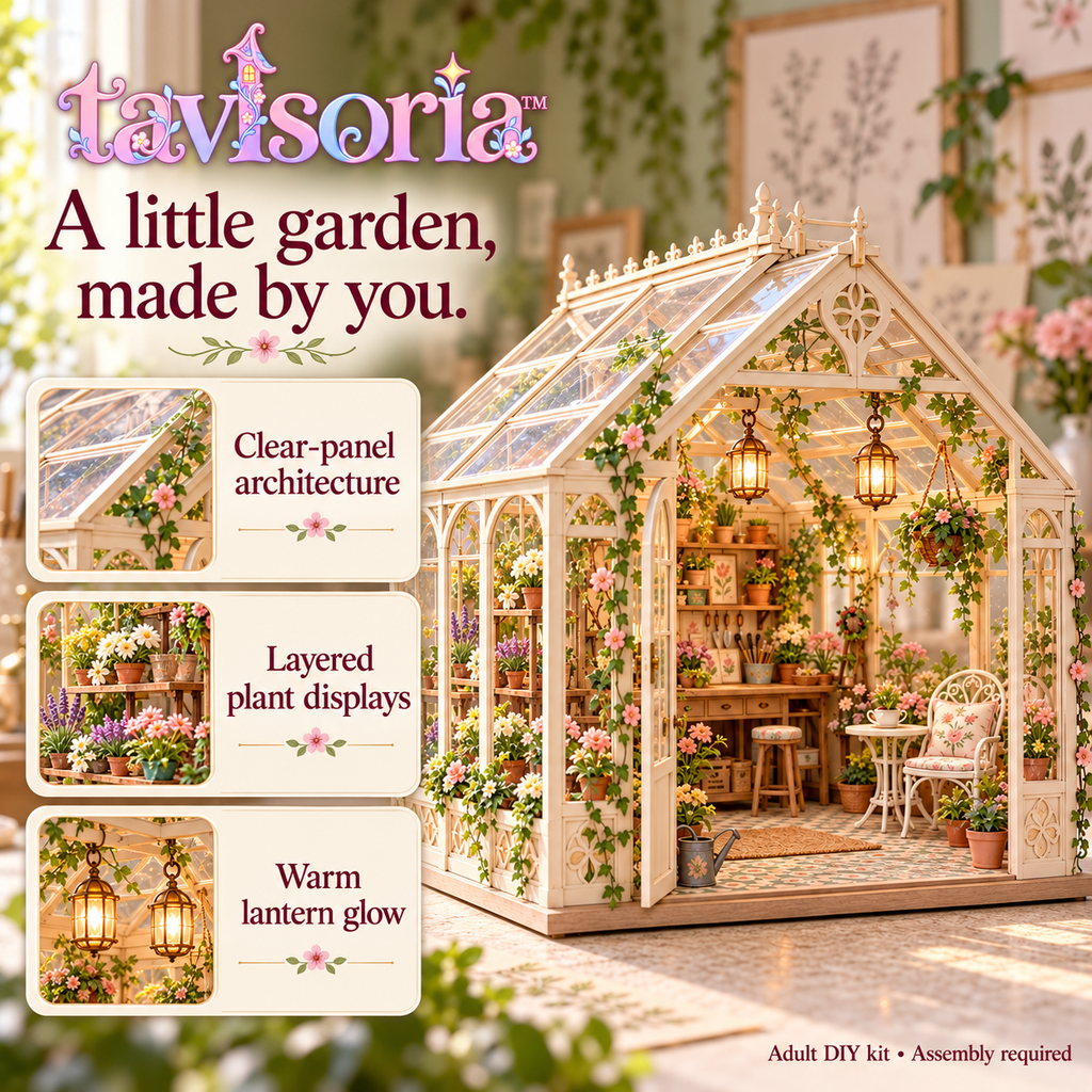 tavlsoria™ Sunlace Conservatory DIY Miniature Greenhouse Kit for Adults, Clear-Panel Garden Diorama with LED Lanterns