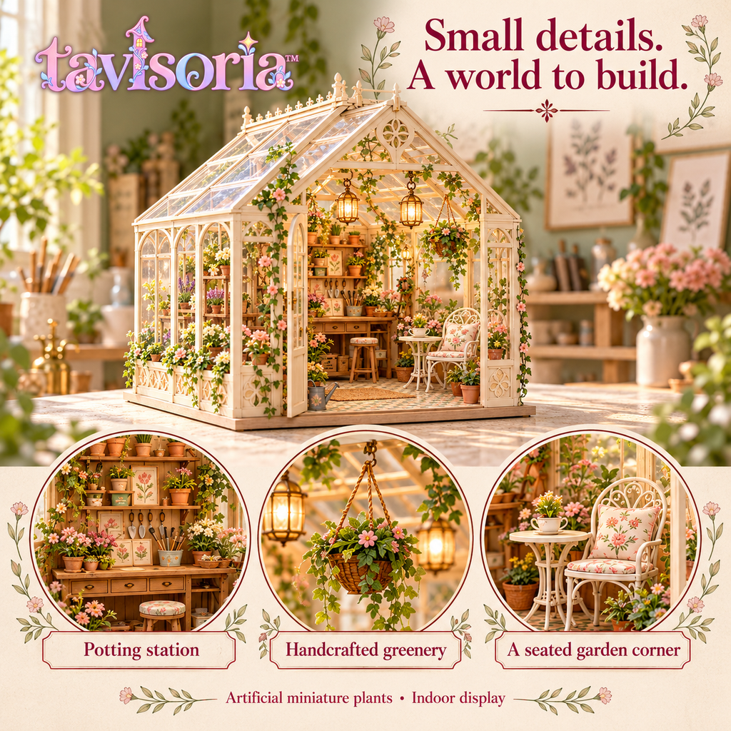 tavlsoria™ Sunlace Conservatory DIY Miniature Greenhouse Kit for Adults, Clear-Panel Garden Diorama with LED Lanterns
