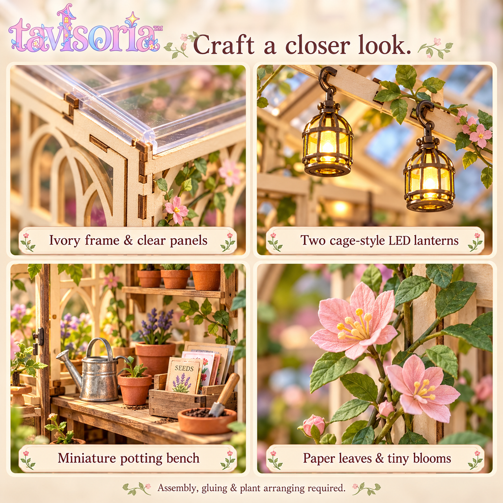 tavlsoria™ Sunlace Conservatory DIY Miniature Greenhouse Kit for Adults, Clear-Panel Garden Diorama with LED Lanterns