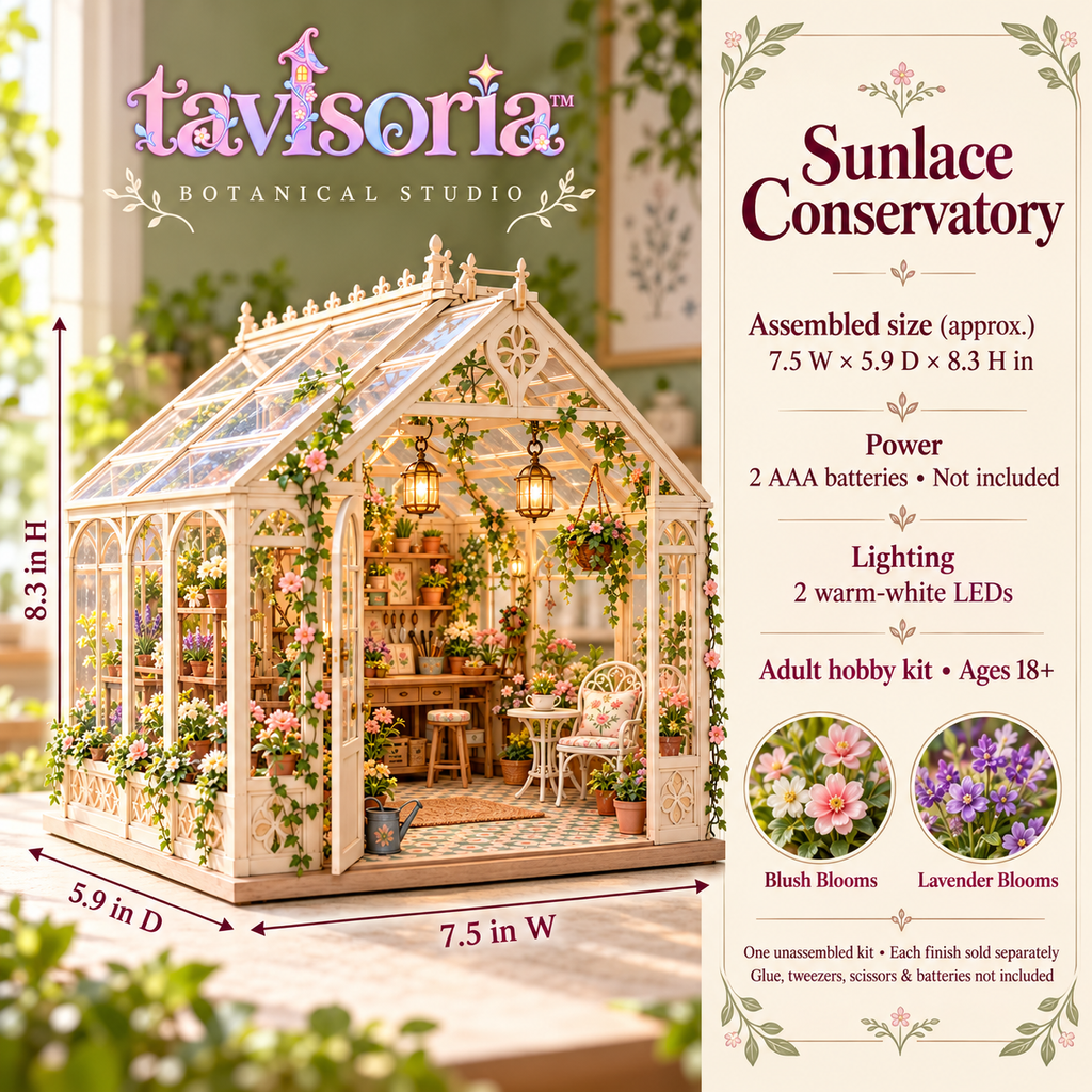 tavlsoria™ Sunlace Conservatory DIY Miniature Greenhouse Kit for Adults, Clear-Panel Garden Diorama with LED Lanterns