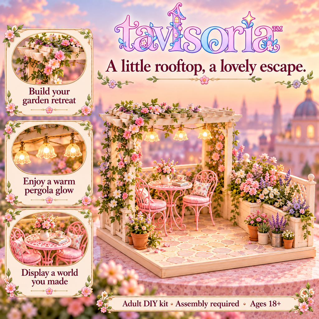 tavlsoria™ Rooftop Bloom Terrace DIY Miniature Garden Kit for Adults, Wooden Patio Diorama with Pergola LED Lights