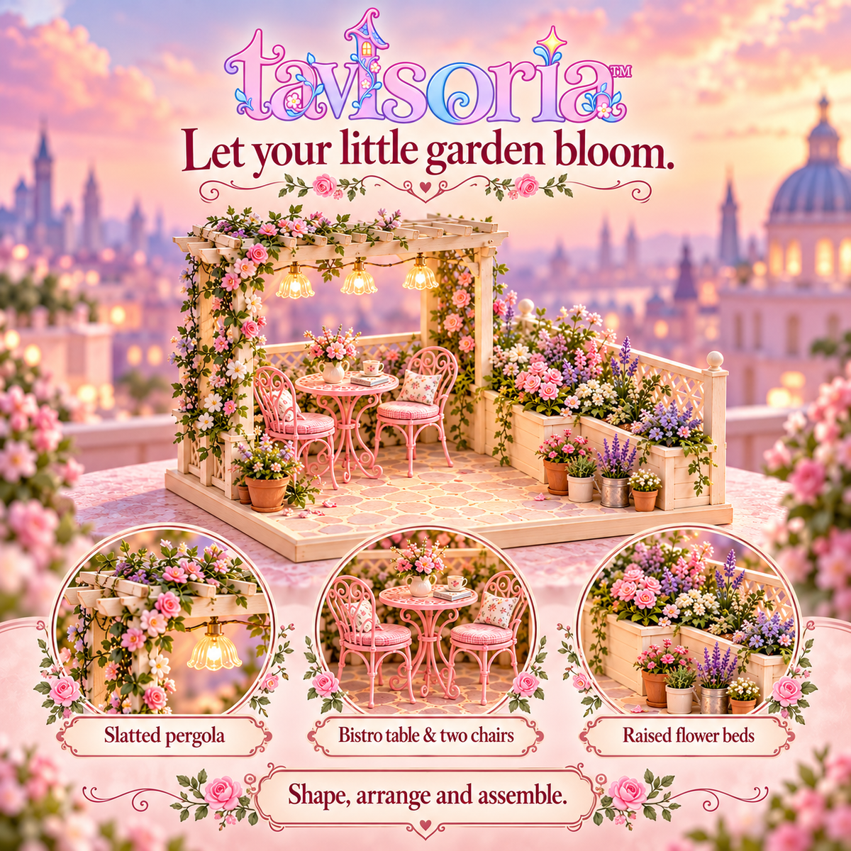 tavlsoria™ Rooftop Bloom Terrace DIY Miniature Garden Kit for Adults, Wooden Patio Diorama with Pergola LED Lights