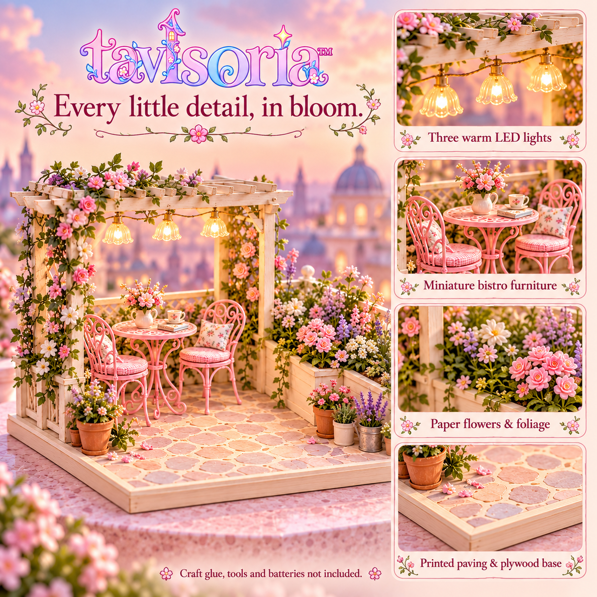 tavlsoria™ Rooftop Bloom Terrace DIY Miniature Garden Kit for Adults, Wooden Patio Diorama with Pergola LED Lights