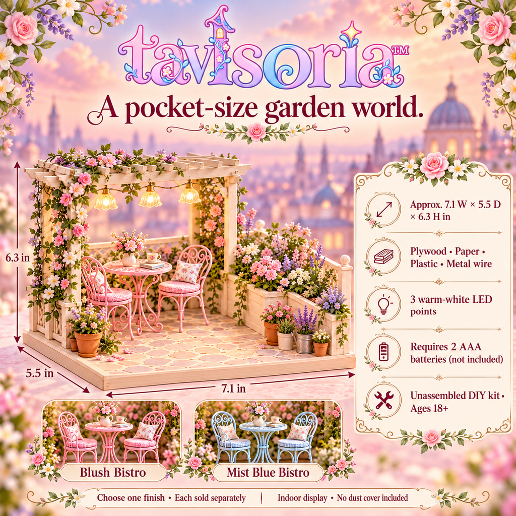 tavlsoria™ Rooftop Bloom Terrace DIY Miniature Garden Kit for Adults, Wooden Patio Diorama with Pergola LED Lights