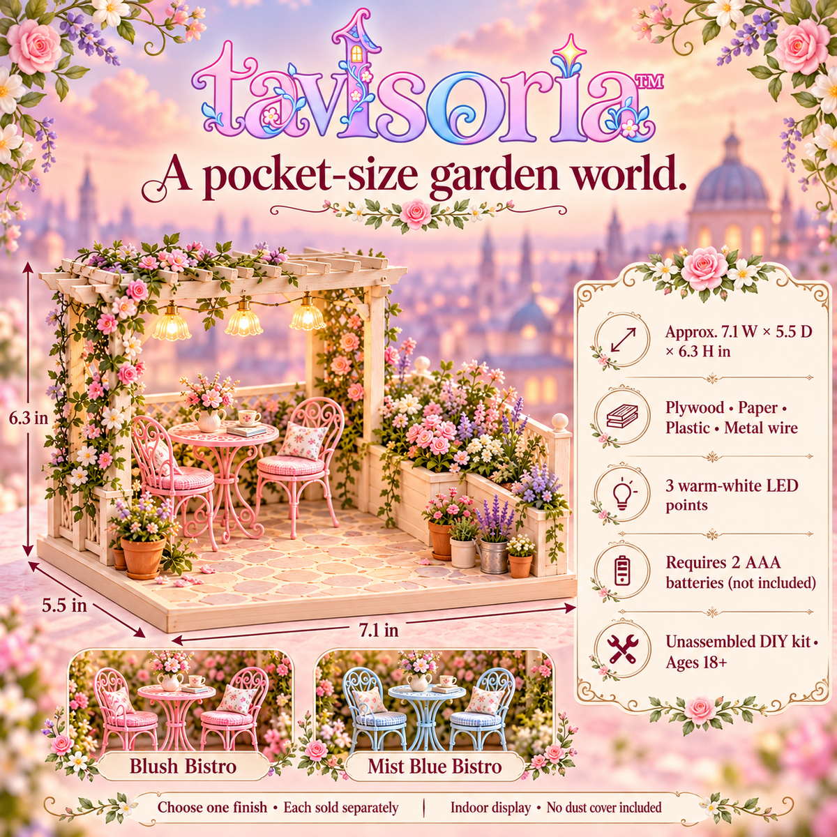 tavlsoria™ Rooftop Bloom Terrace DIY Miniature Garden Kit for Adults, Wooden Patio Diorama with Pergola LED Lights