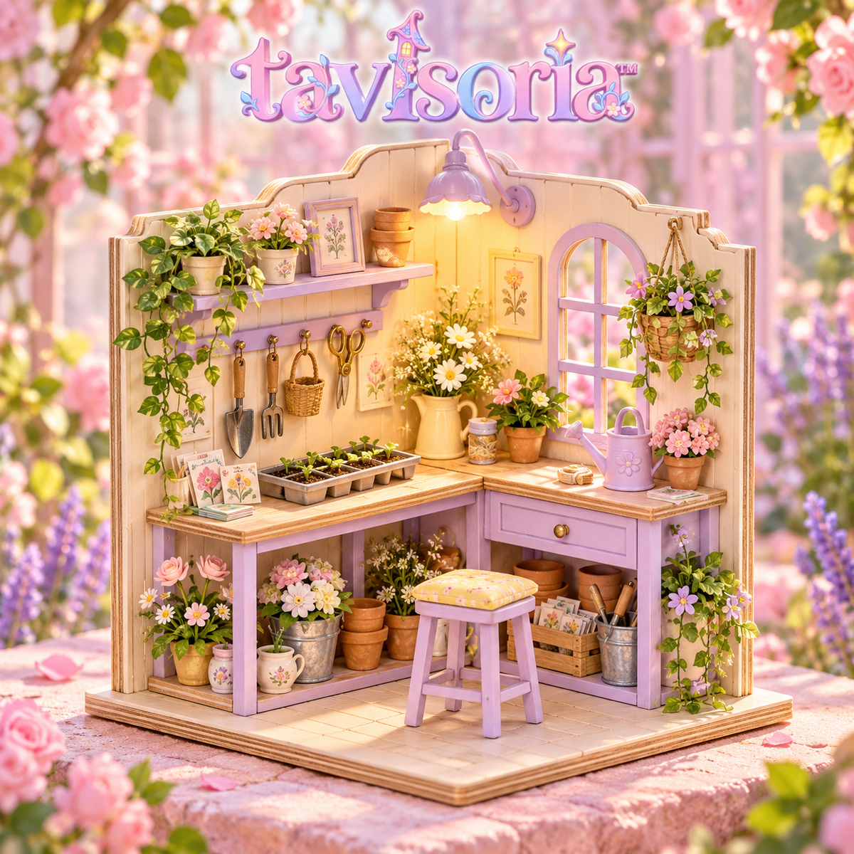 tavlsoria™ Potting Post Garden Corner DIY Miniature Kit for Adults, Small Wooden Plant Bench Diorama with LED Task Light