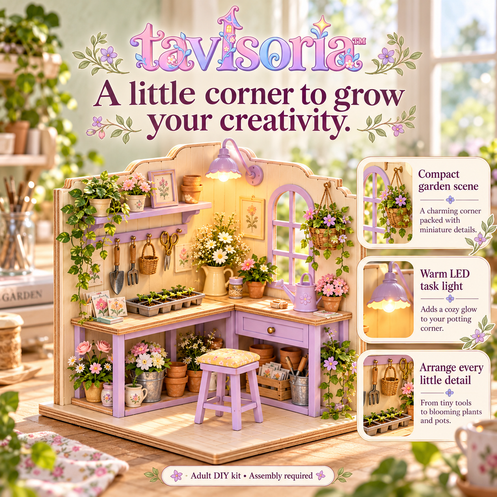 tavlsoria™ Potting Post Garden Corner DIY Miniature Kit for Adults, Small Wooden Plant Bench Diorama with LED Task Light