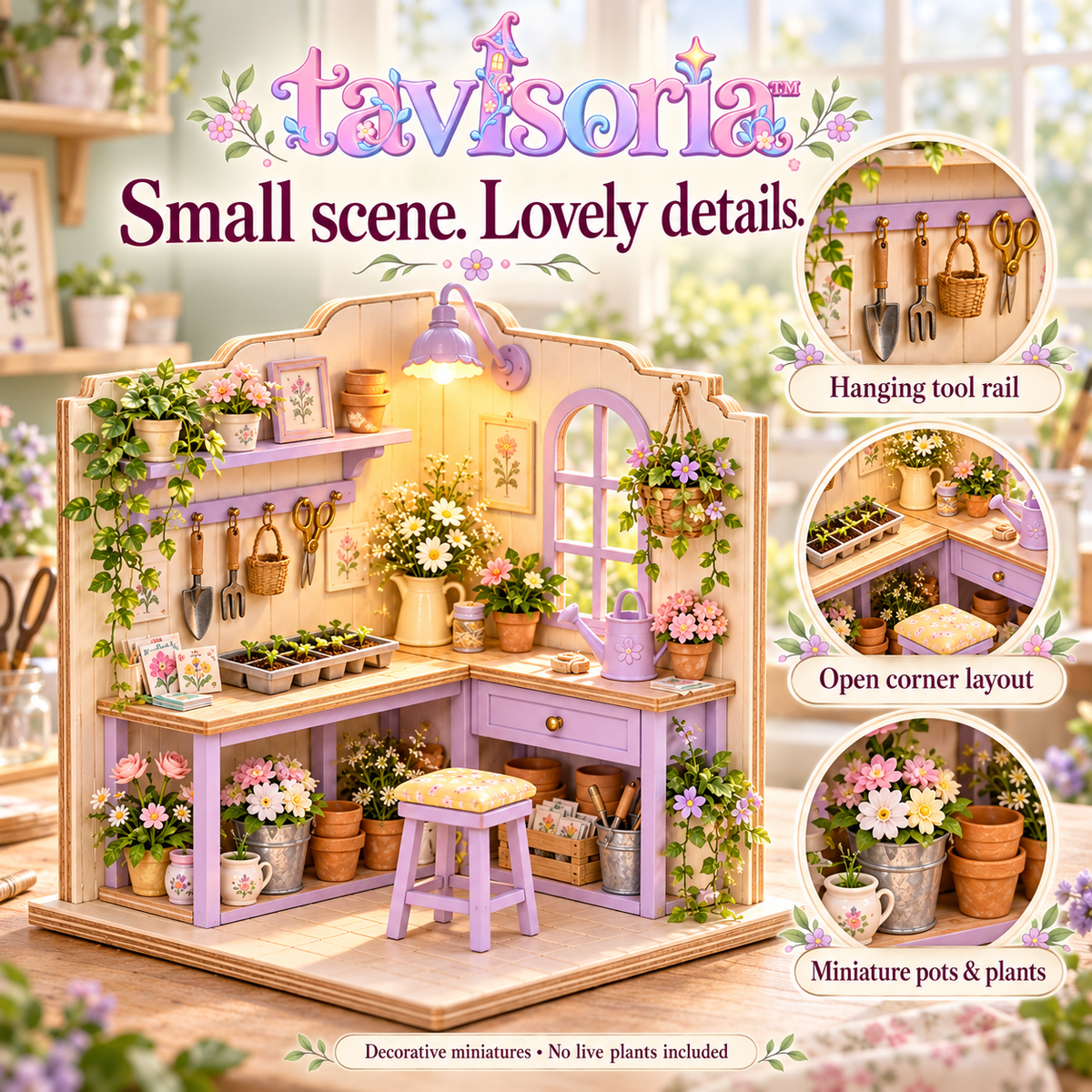 tavlsoria™ Potting Post Garden Corner DIY Miniature Kit for Adults, Small Wooden Plant Bench Diorama with LED Task Light