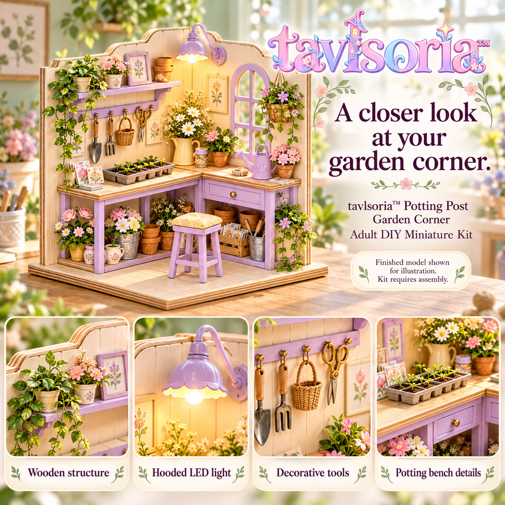 tavlsoria™ Potting Post Garden Corner DIY Miniature Kit for Adults, Small Wooden Plant Bench Diorama with LED Task Light