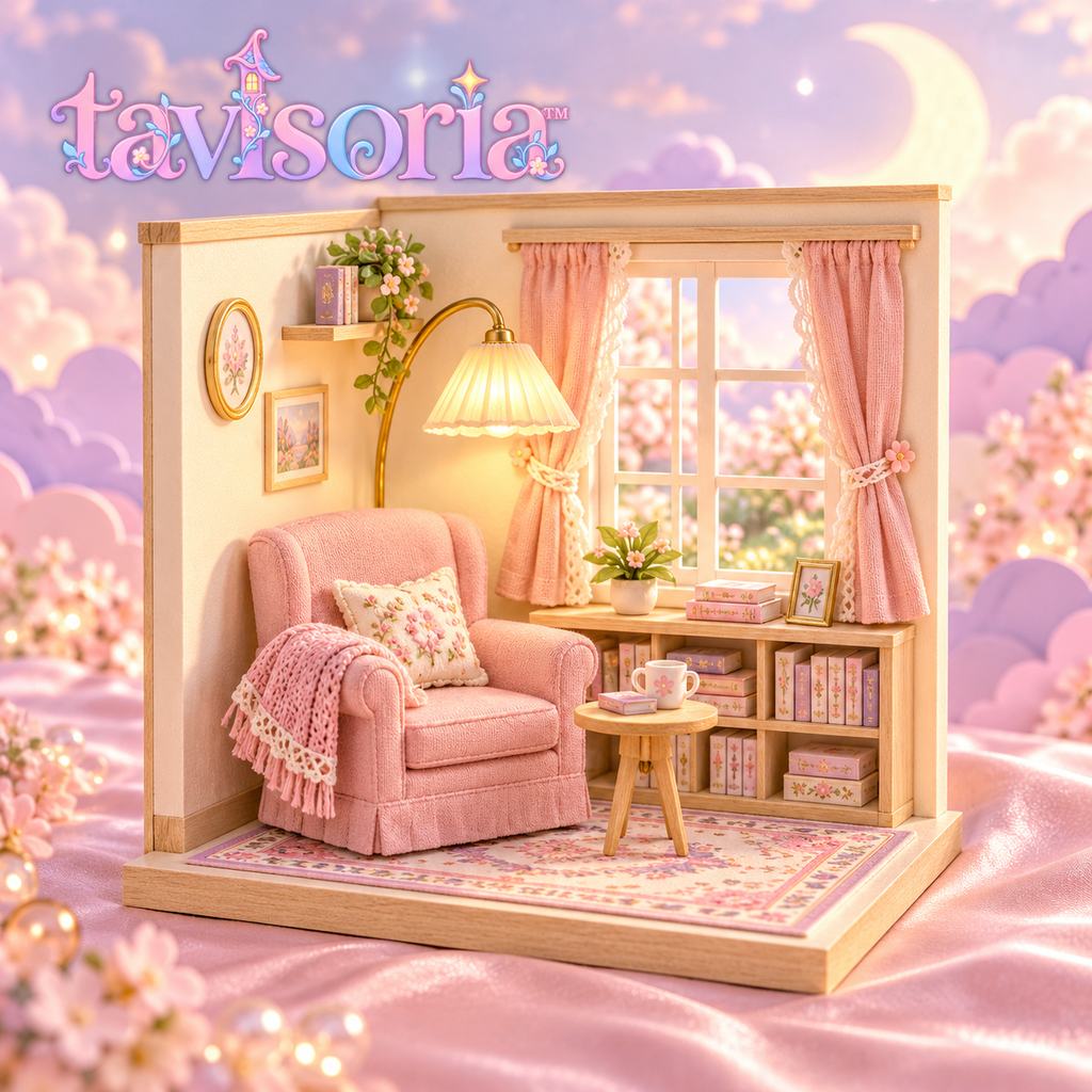 tavlsoria™ Windowlight Reading Corner DIY Miniature Room Kit for Adults, Wooden Bookshelf Diorama with LED Floor Lamp