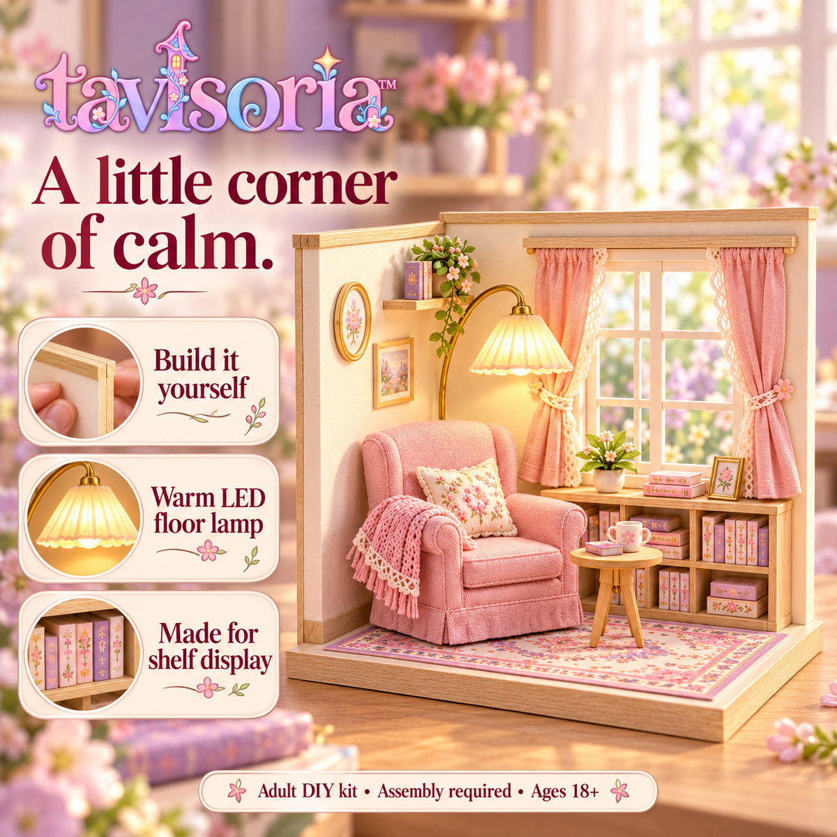tavlsoria™ Windowlight Reading Corner DIY Miniature Room Kit for Adults, Wooden Bookshelf Diorama with LED Floor Lamp