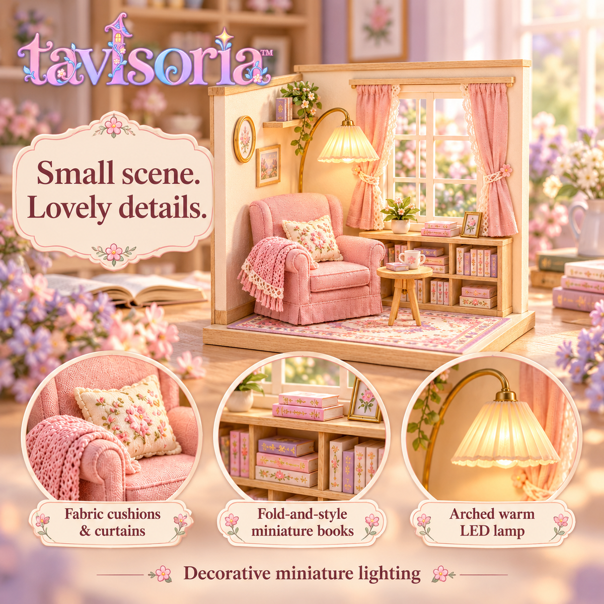 tavlsoria™ Windowlight Reading Corner DIY Miniature Room Kit for Adults, Wooden Bookshelf Diorama with LED Floor Lamp