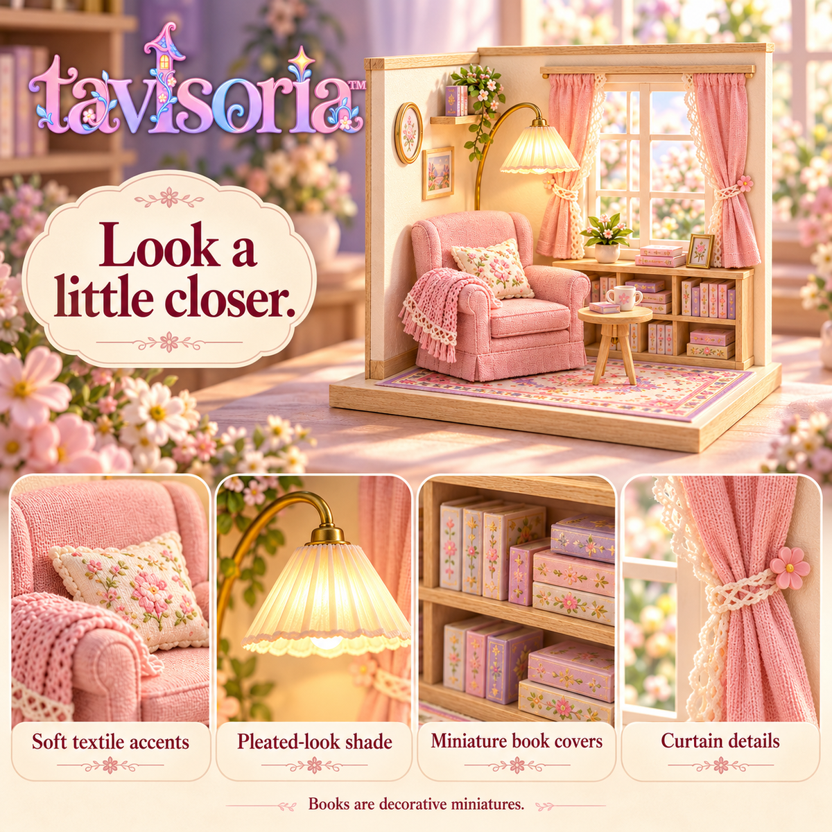 tavlsoria™ Windowlight Reading Corner DIY Miniature Room Kit for Adults, Wooden Bookshelf Diorama with LED Floor Lamp