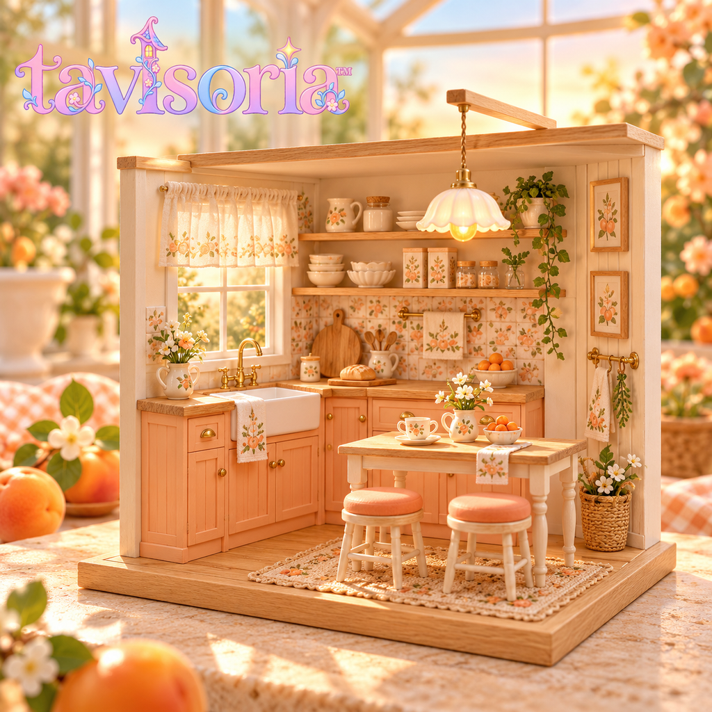 tavlsoria™ Apricot Morning Kitchen DIY Miniature House Kit for Adults, Wooden Kitchen Room Box with LED Pendant Light