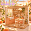 tavlsoria™ Apricot Morning Kitchen DIY Miniature House Kit for Adults, Wooden Kitchen Room Box with LED Pendant Light