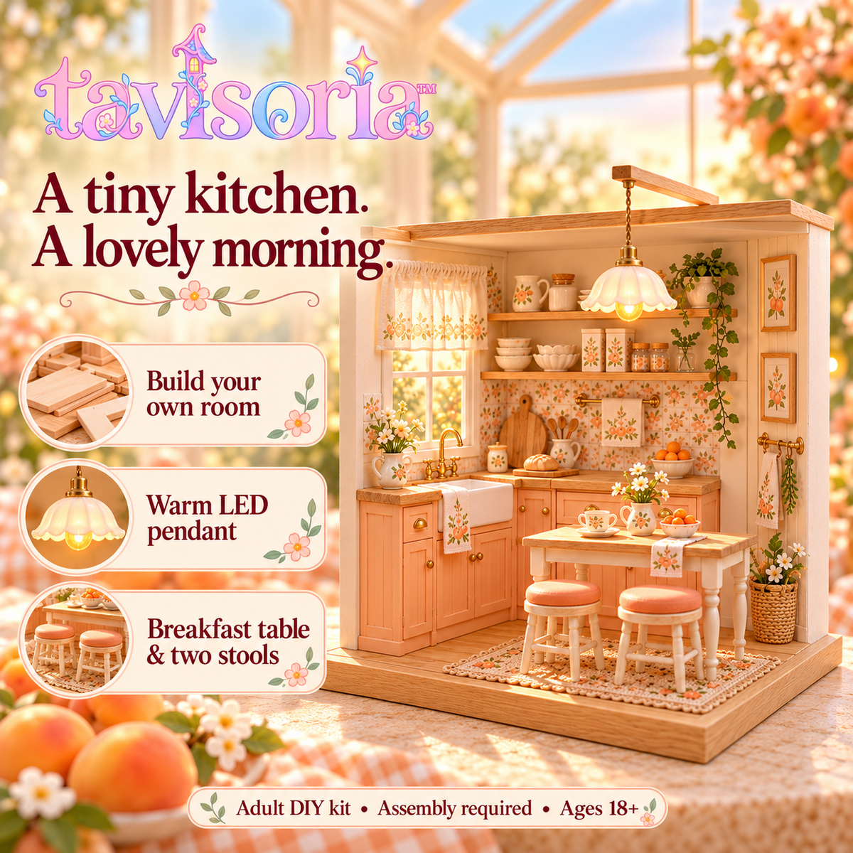 tavlsoria™ Apricot Morning Kitchen DIY Miniature House Kit for Adults, Wooden Kitchen Room Box with LED Pendant Light