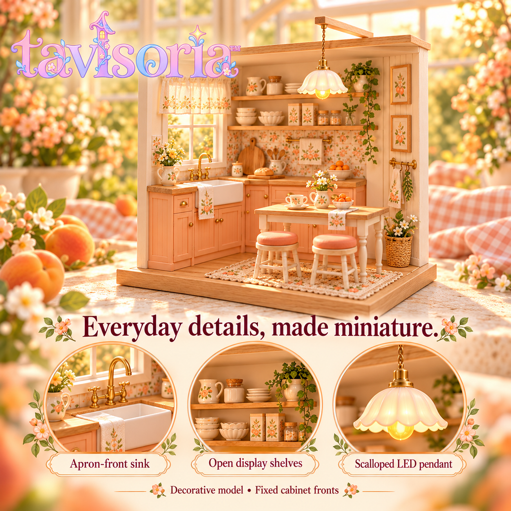 tavlsoria™ Apricot Morning Kitchen DIY Miniature House Kit for Adults, Wooden Kitchen Room Box with LED Pendant Light