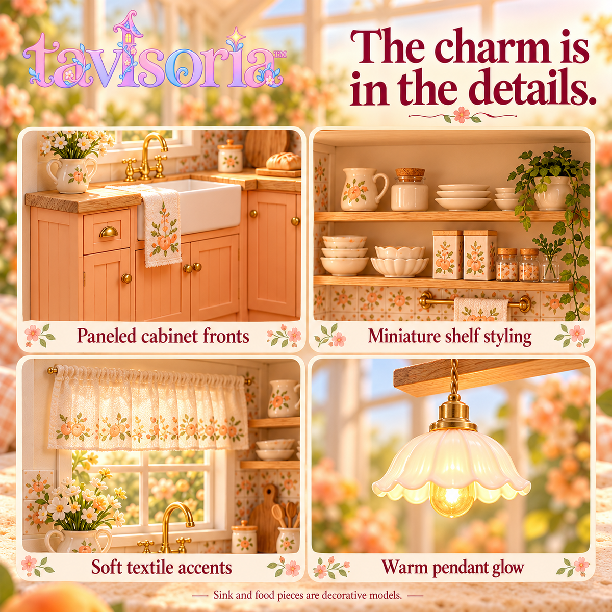 tavlsoria™ Apricot Morning Kitchen DIY Miniature House Kit for Adults, Wooden Kitchen Room Box with LED Pendant Light