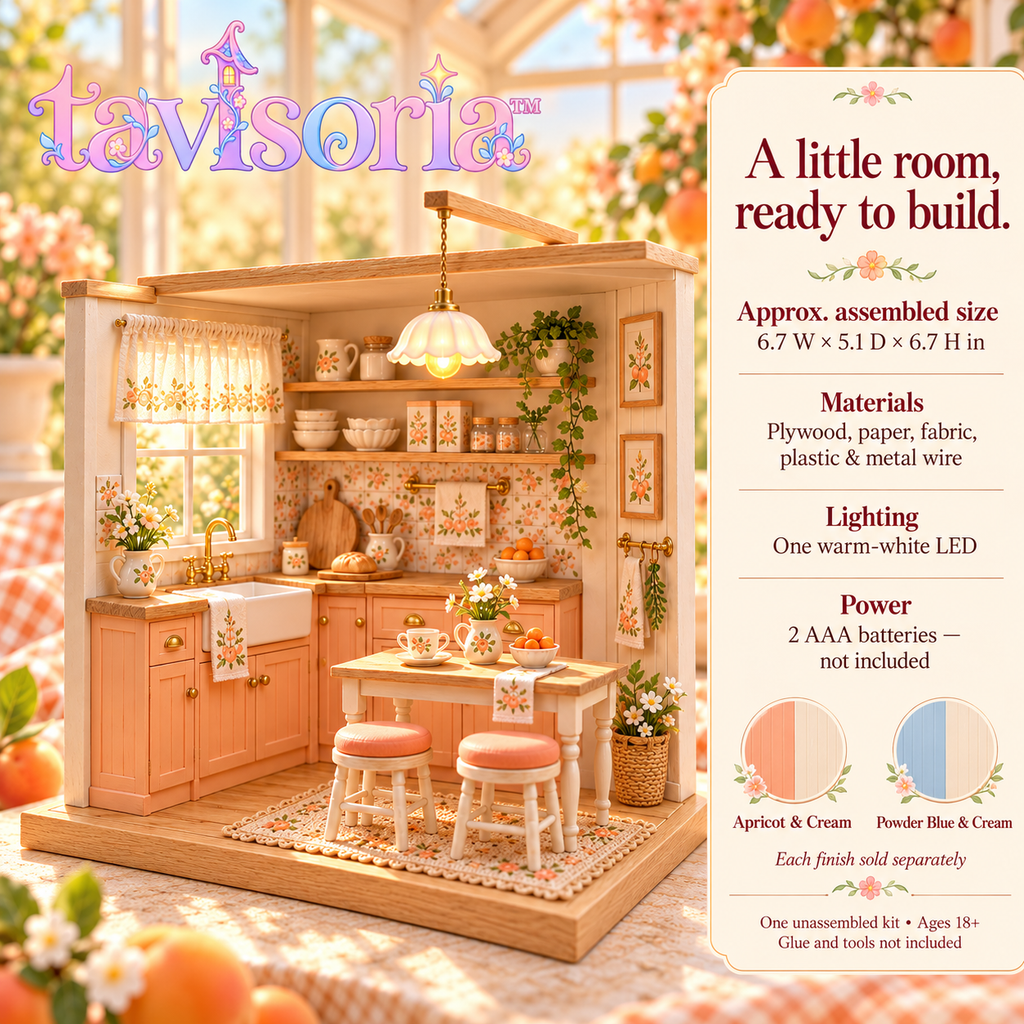 tavlsoria™ Apricot Morning Kitchen DIY Miniature House Kit for Adults, Wooden Kitchen Room Box with LED Pendant Light