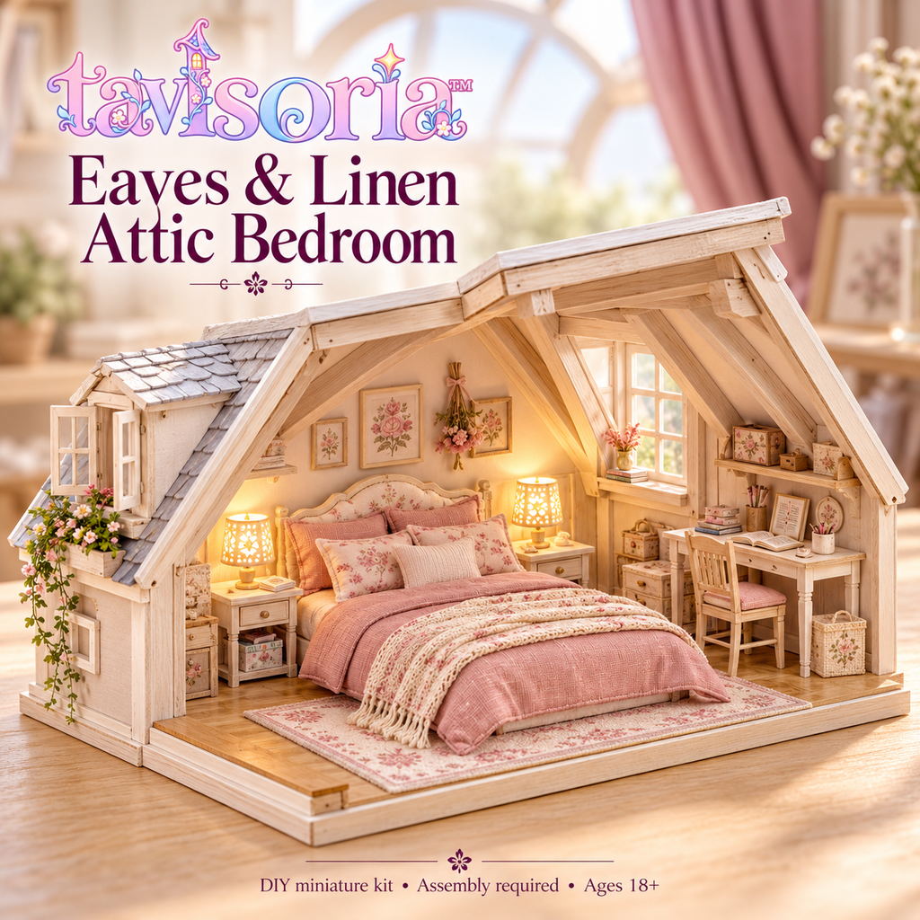 tavlsoria™ Eaves & Linen Attic Bedroom DIY Miniature Kit for Adults, Wooden Room Diorama with LED Bedside Lighting