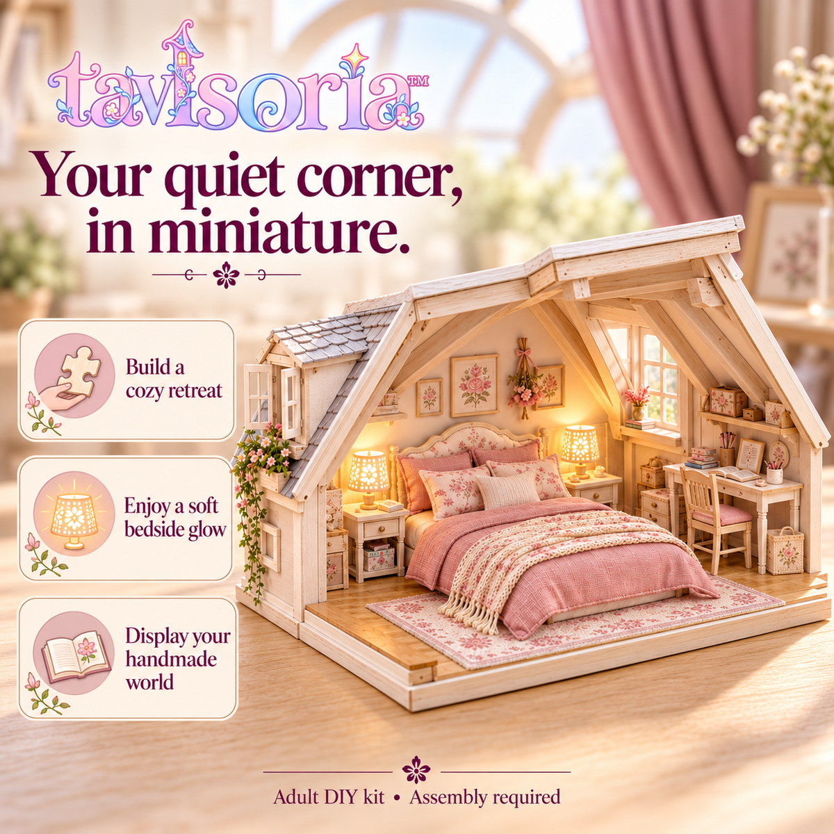 tavlsoria™ Eaves & Linen Attic Bedroom DIY Miniature Kit for Adults, Wooden Room Diorama with LED Bedside Lighting