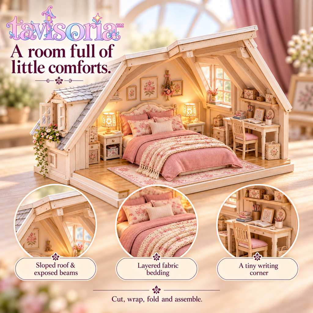 tavlsoria™ Eaves & Linen Attic Bedroom DIY Miniature Kit for Adults, Wooden Room Diorama with LED Bedside Lighting
