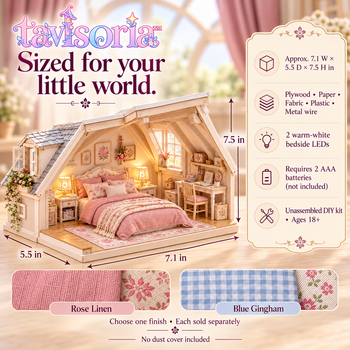 tavlsoria™ Eaves & Linen Attic Bedroom DIY Miniature Kit for Adults, Wooden Room Diorama with LED Bedside Lighting