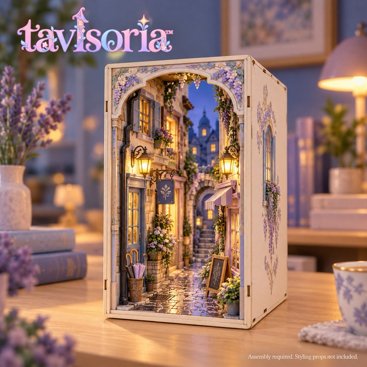 tavlsoria™ Rainlit Passage DIY Book Nook Kit for Adults, Wooden Bookshelf Insert Diorama with LED Street Lamps