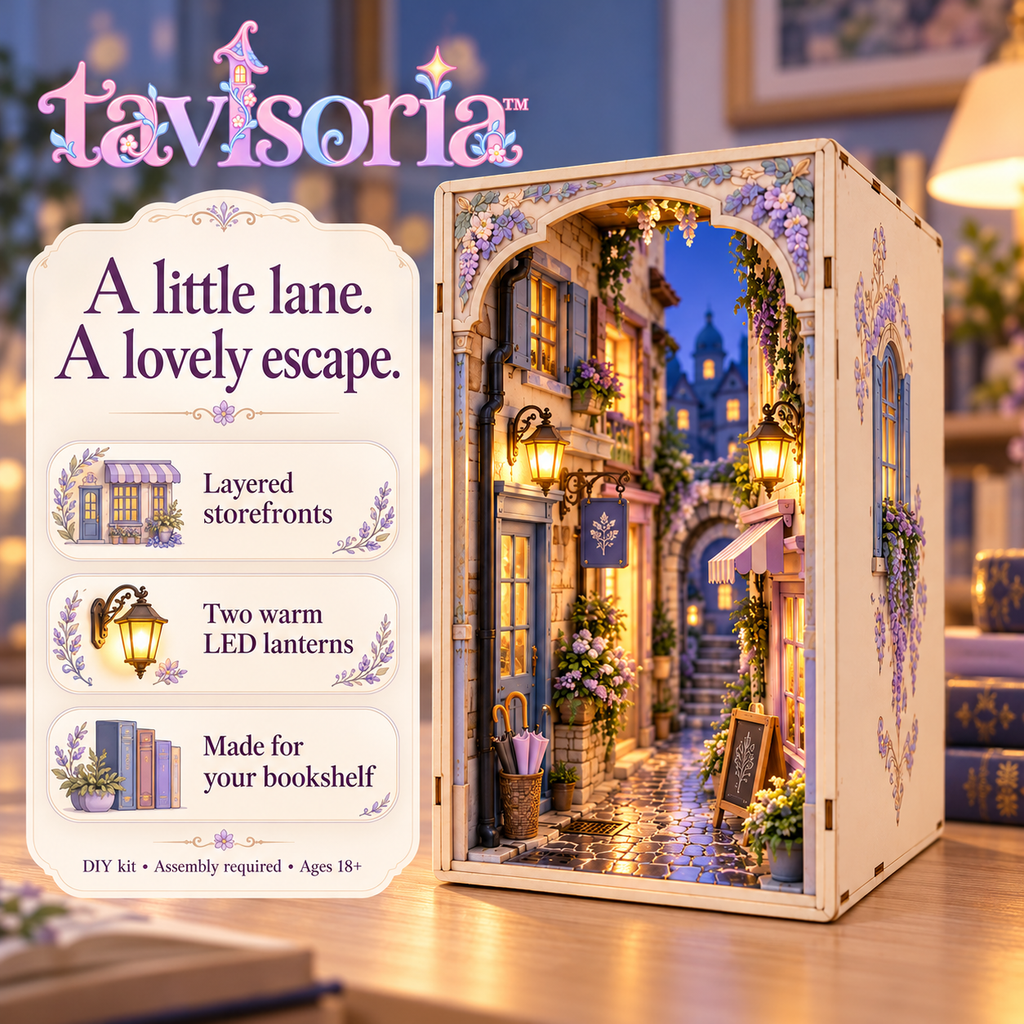 tavlsoria™ Rainlit Passage DIY Book Nook Kit for Adults, Wooden Bookshelf Insert Diorama with LED Street Lamps