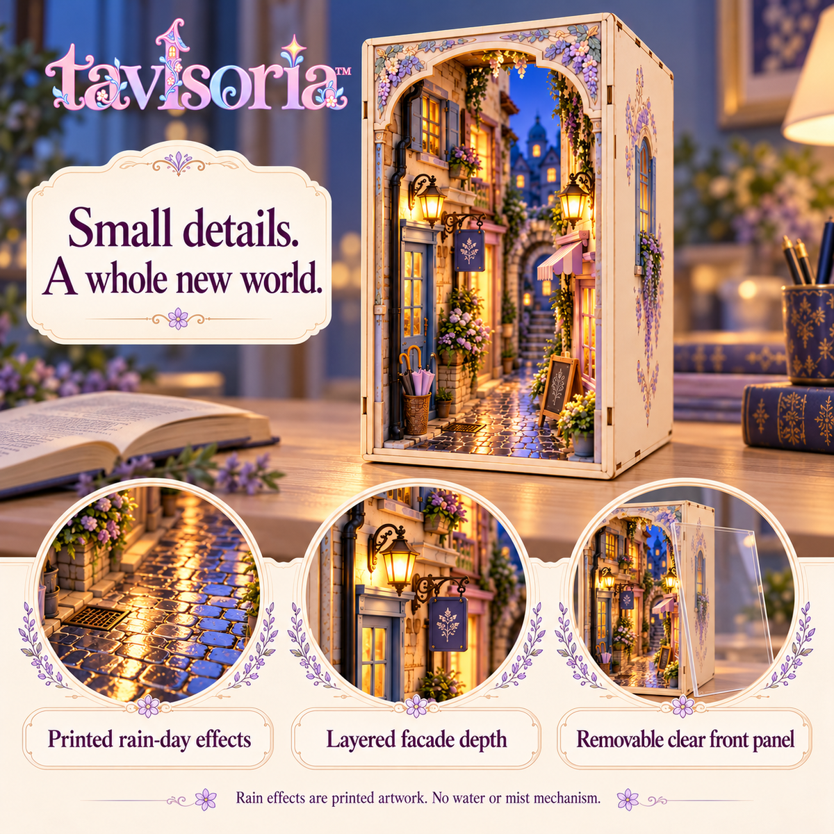 tavlsoria™ Rainlit Passage DIY Book Nook Kit for Adults, Wooden Bookshelf Insert Diorama with LED Street Lamps