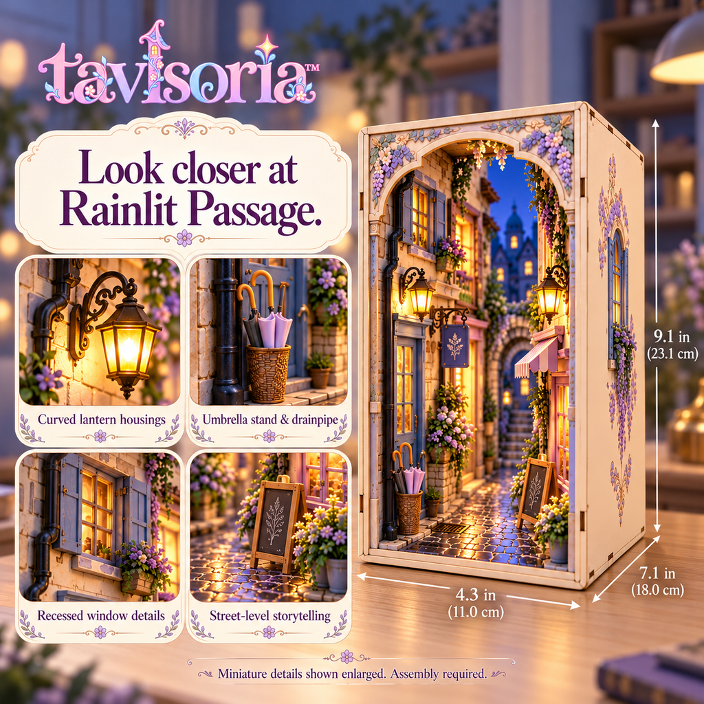 tavlsoria™ Rainlit Passage DIY Book Nook Kit for Adults, Wooden Bookshelf Insert Diorama with LED Street Lamps