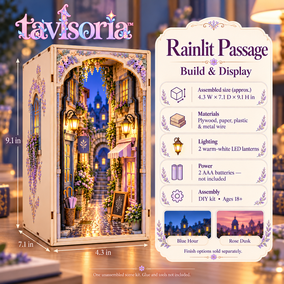 tavlsoria™ Rainlit Passage DIY Book Nook Kit for Adults, Wooden Bookshelf Insert Diorama with LED Street Lamps