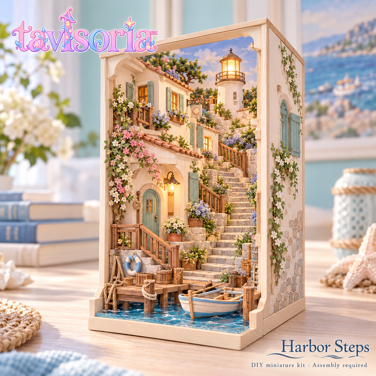 tavlsoria™ Harbor Steps DIY Book Nook Kit for Adults, Coastal Village Wooden Diorama with LED Lighthouse and Bookshelf Decor