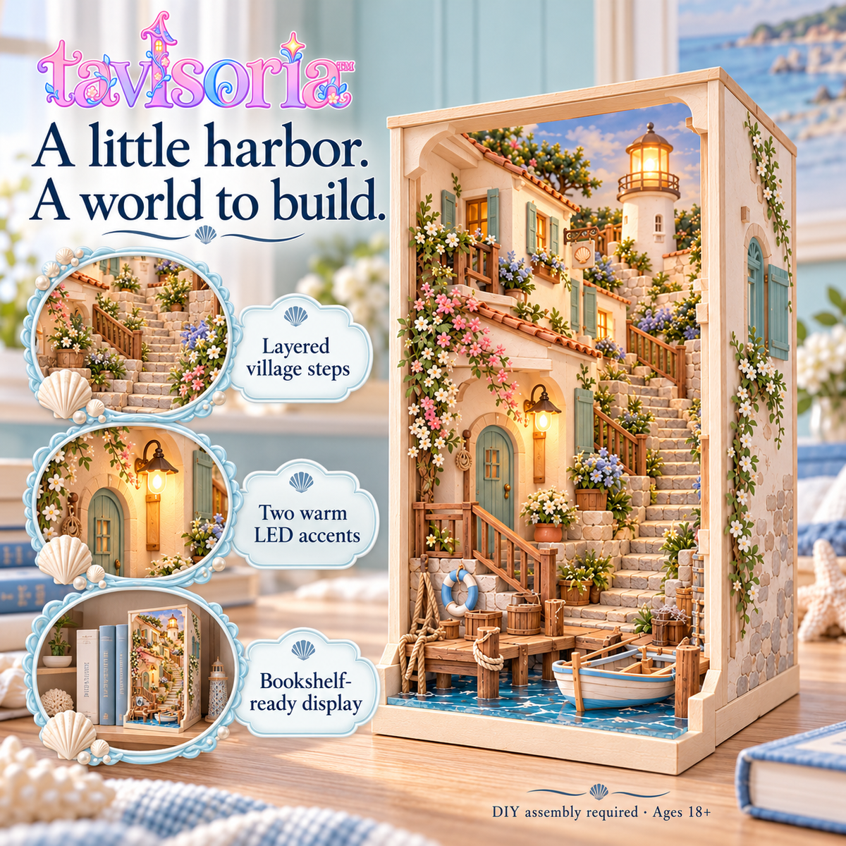 tavlsoria™ Harbor Steps DIY Book Nook Kit for Adults, Coastal Village Wooden Diorama with LED Lighthouse and Bookshelf Decor