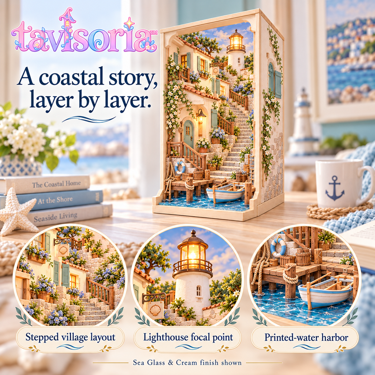 tavlsoria™ Harbor Steps DIY Book Nook Kit for Adults, Coastal Village Wooden Diorama with LED Lighthouse and Bookshelf Decor