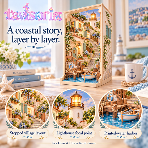 tavlsoria™ Harbor Steps DIY Book Nook Kit for Adults, Coastal Village Wooden Diorama with LED Lighthouse and Bookshelf Decor
