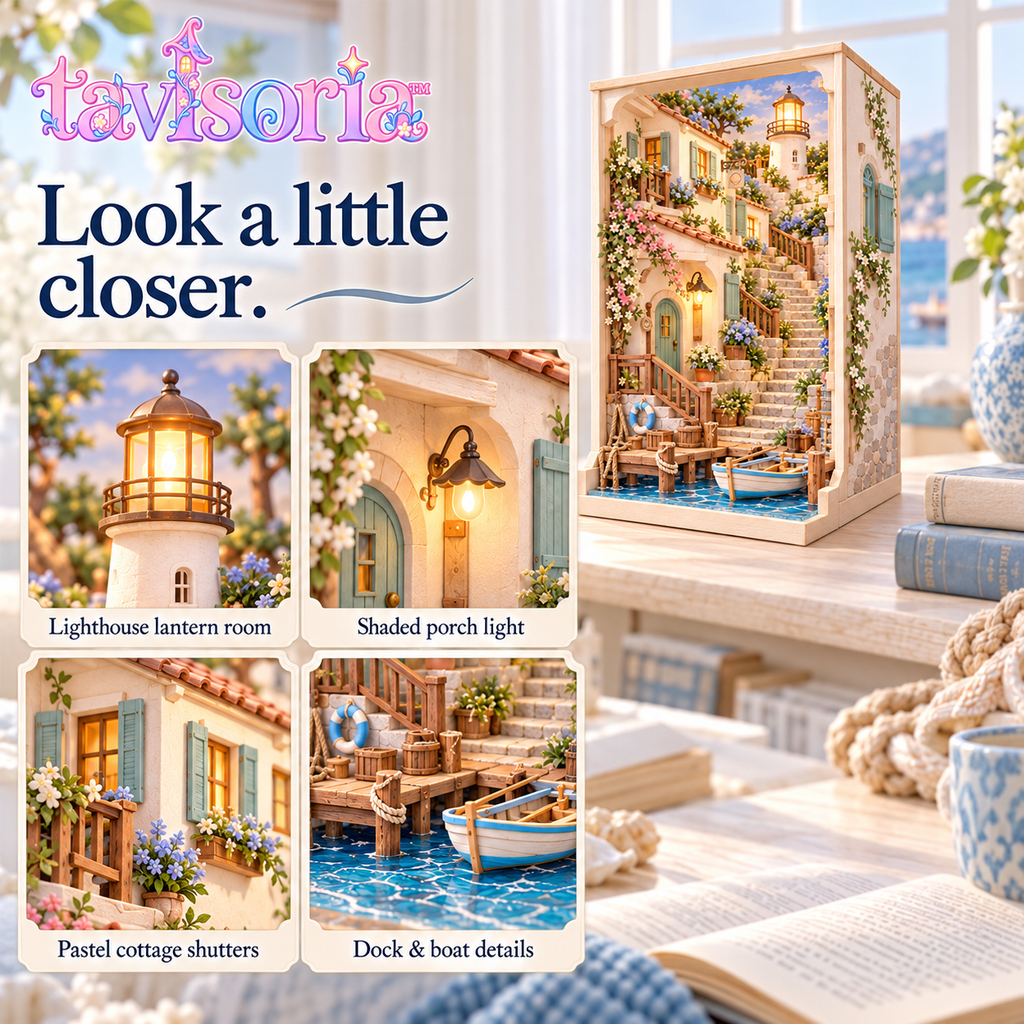 tavlsoria™ Harbor Steps DIY Book Nook Kit for Adults, Coastal Village Wooden Diorama with LED Lighthouse and Bookshelf Decor