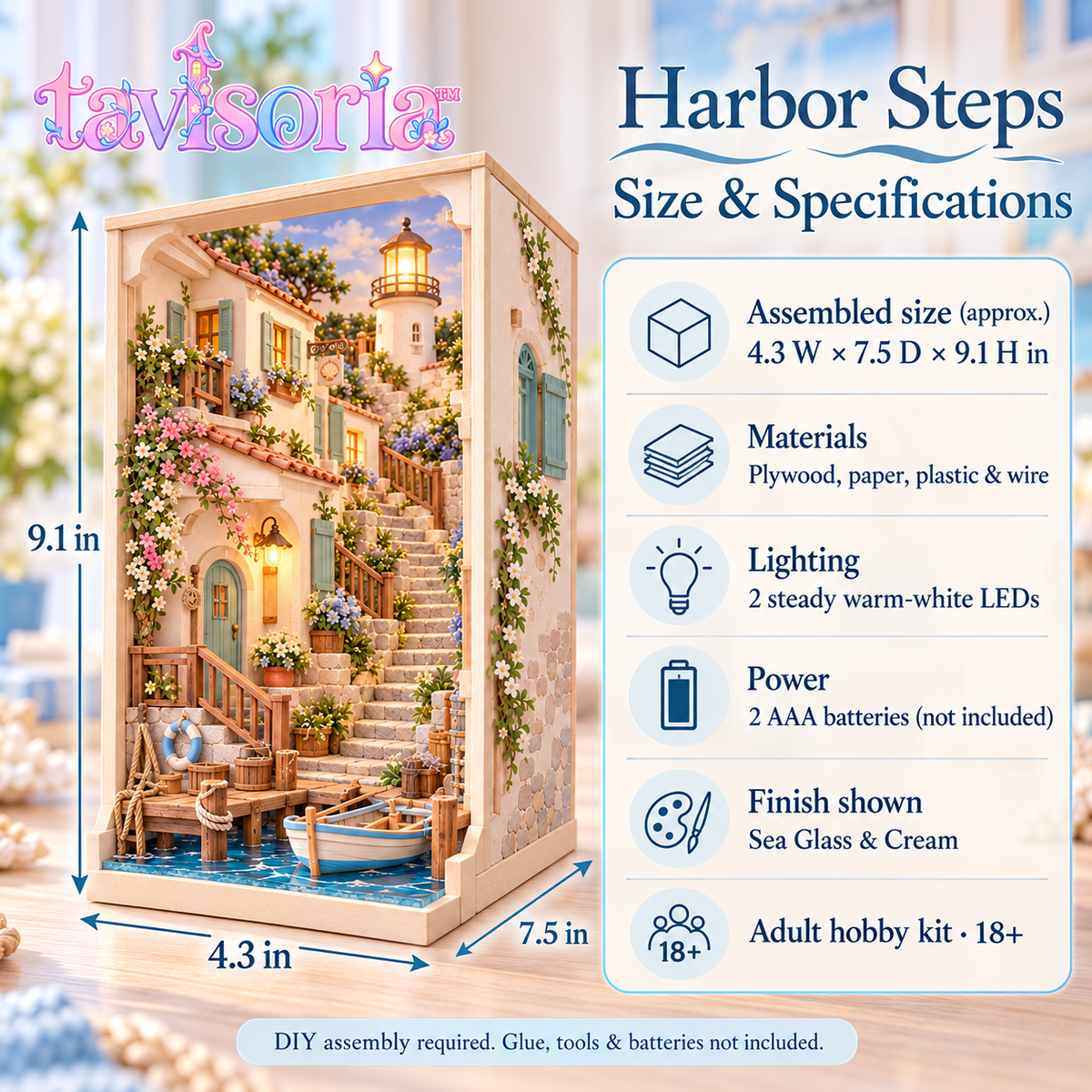 tavlsoria™ Harbor Steps DIY Book Nook Kit for Adults, Coastal Village Wooden Diorama with LED Lighthouse and Bookshelf Decor
