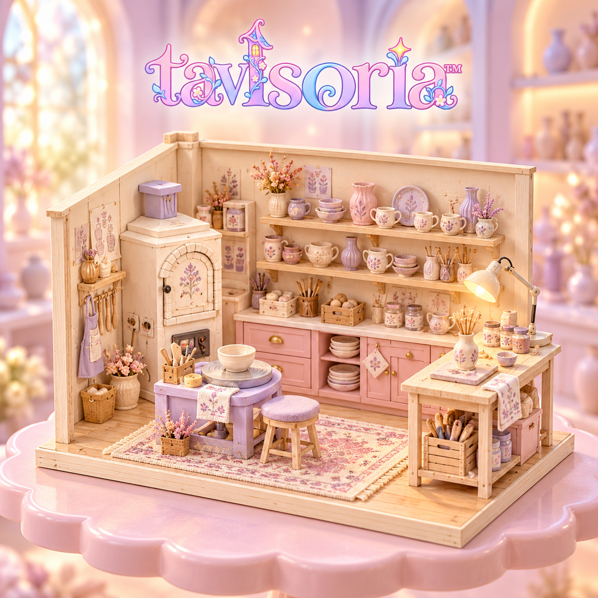 tavlsoria™ Clay & Kiln Pottery Studio DIY Miniature Kit for Adults, Wooden Workshop Diorama with LED Task Lamp
